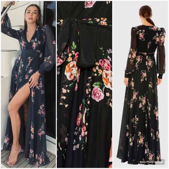 Mac Duggal 55661 Belted Floral Print Illusion Long Sleeve Maxi Gown Dress - Picture 1 of 16